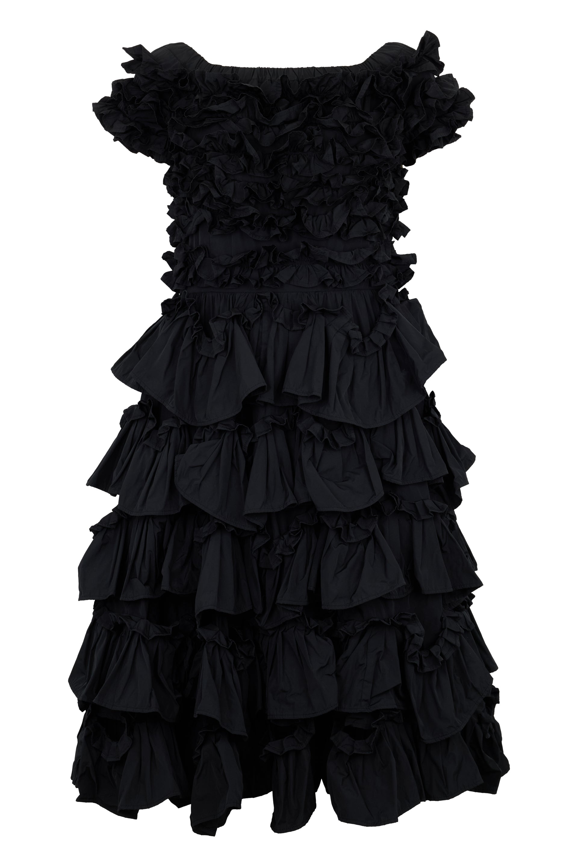 Elegant black dress with ruffles and straps.