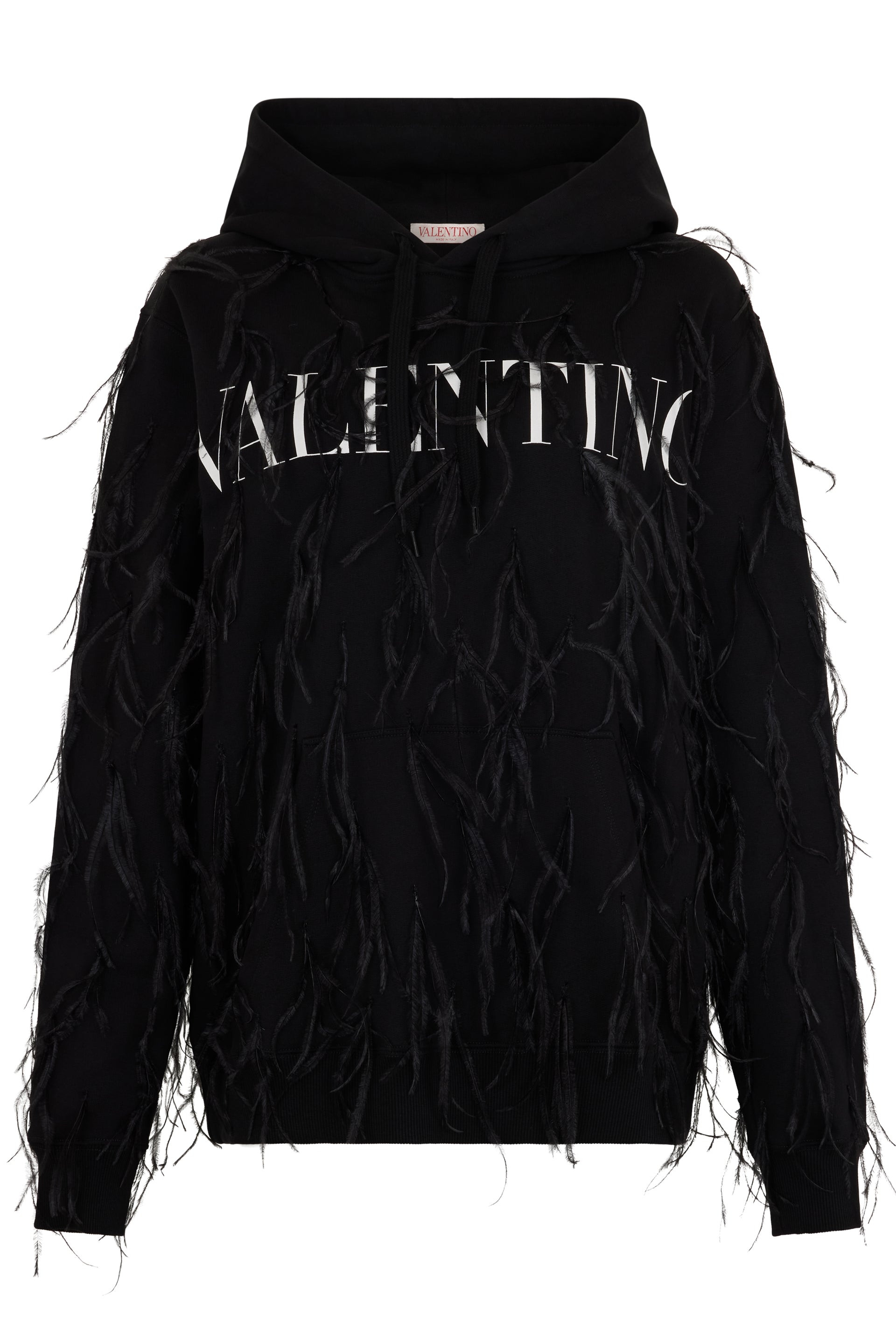 Black hoodie with hood and feather details for a sporty and modern style