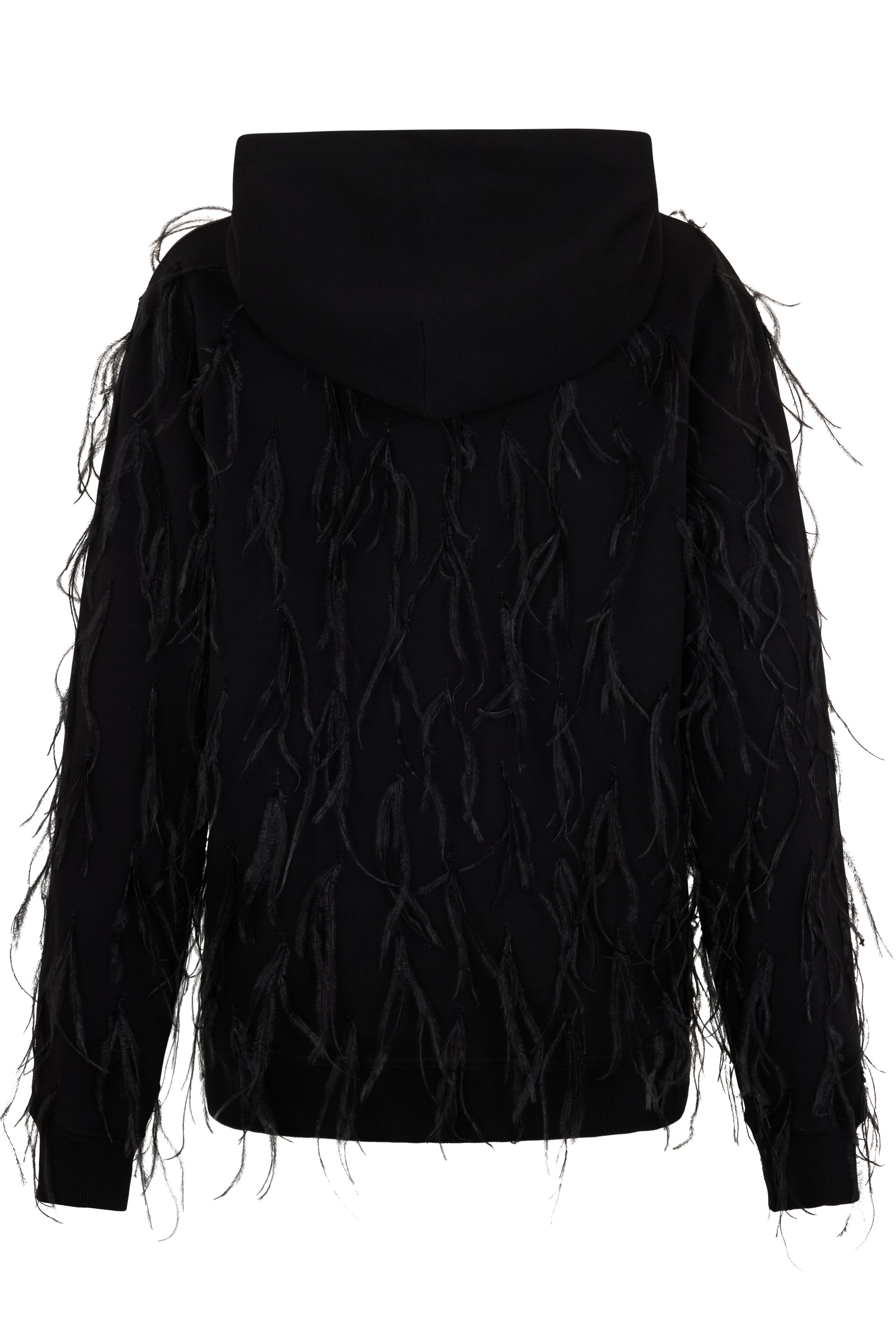 Black hoodie with hood and feather details for a sporty and modern style