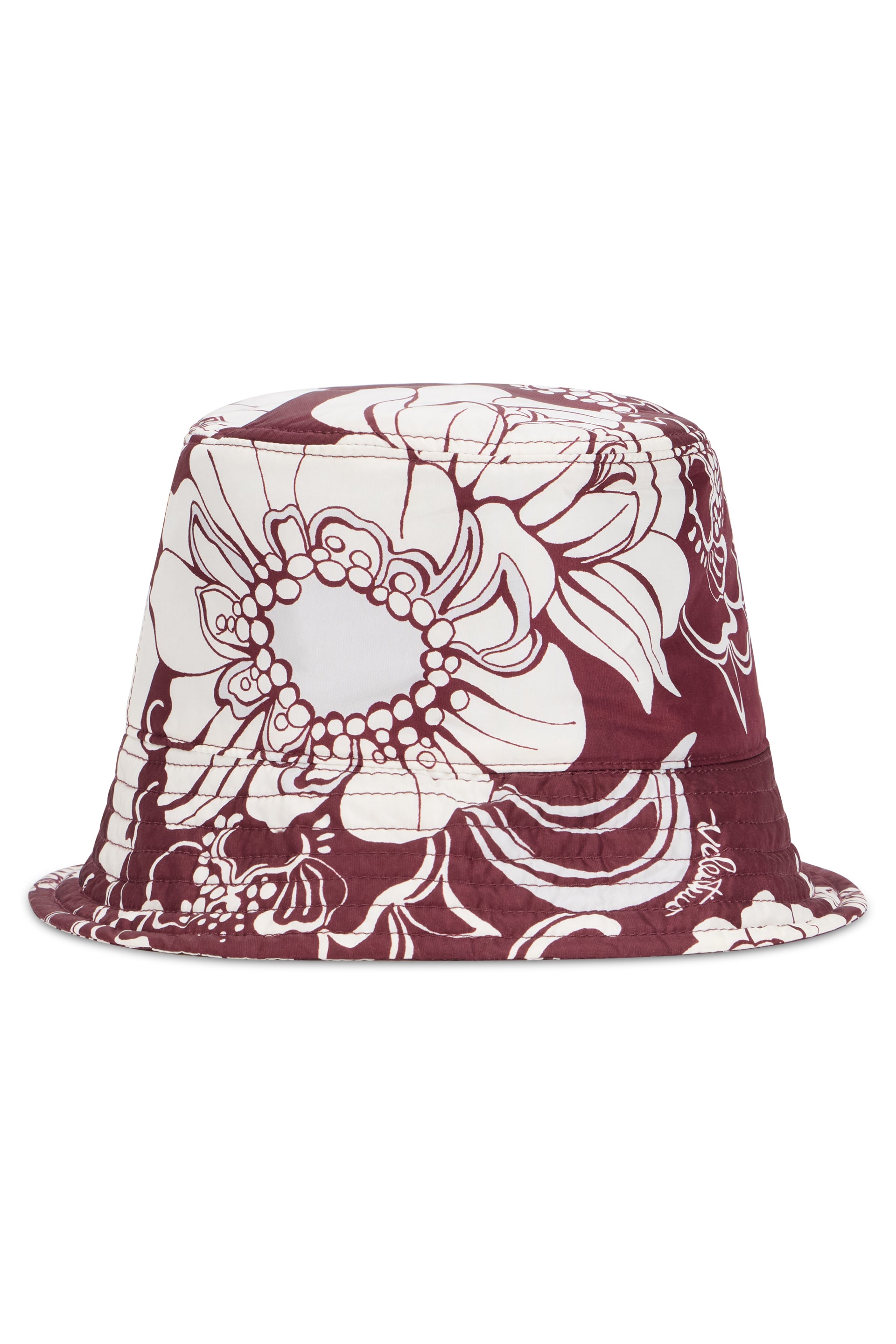 Bordeaux bucket hat with floral pattern.