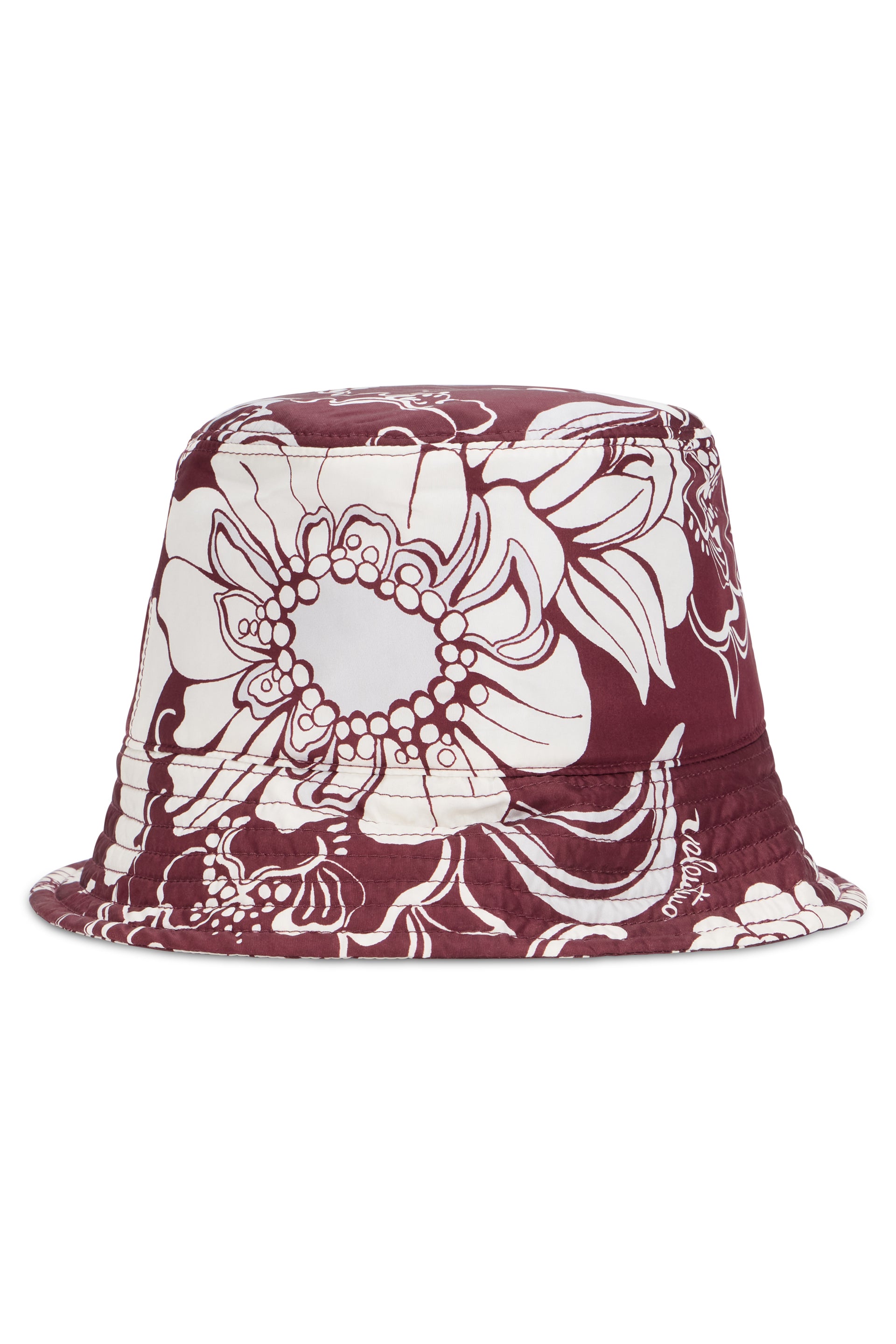 Bordeaux bucket hat with floral pattern.