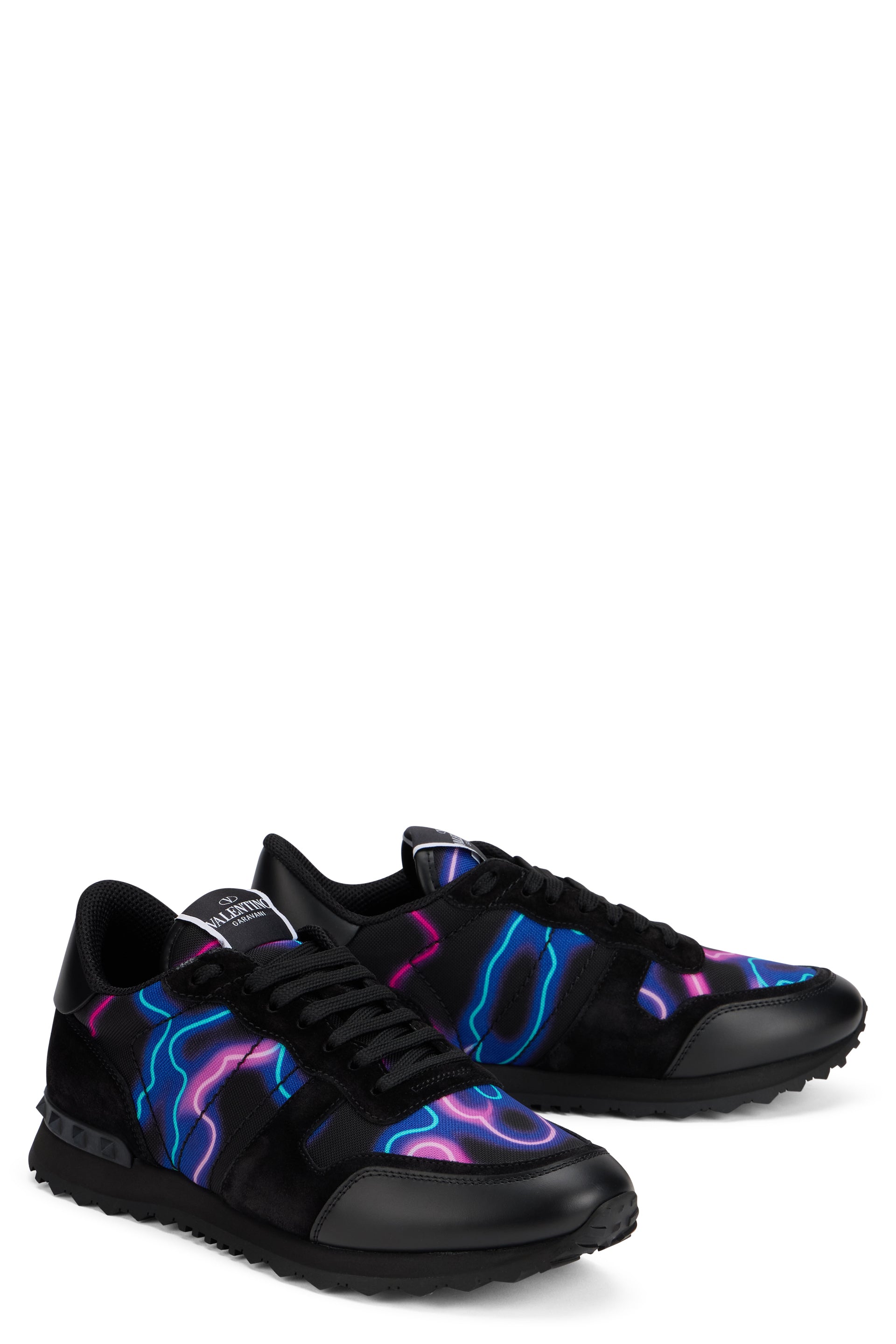 Modern black sneakers with blue details.