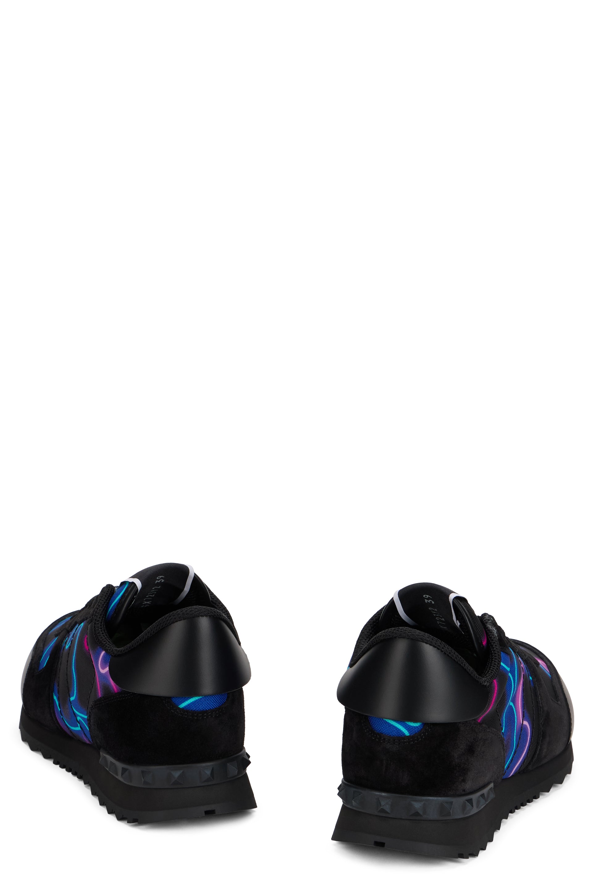 Modern black sneakers with blue details.