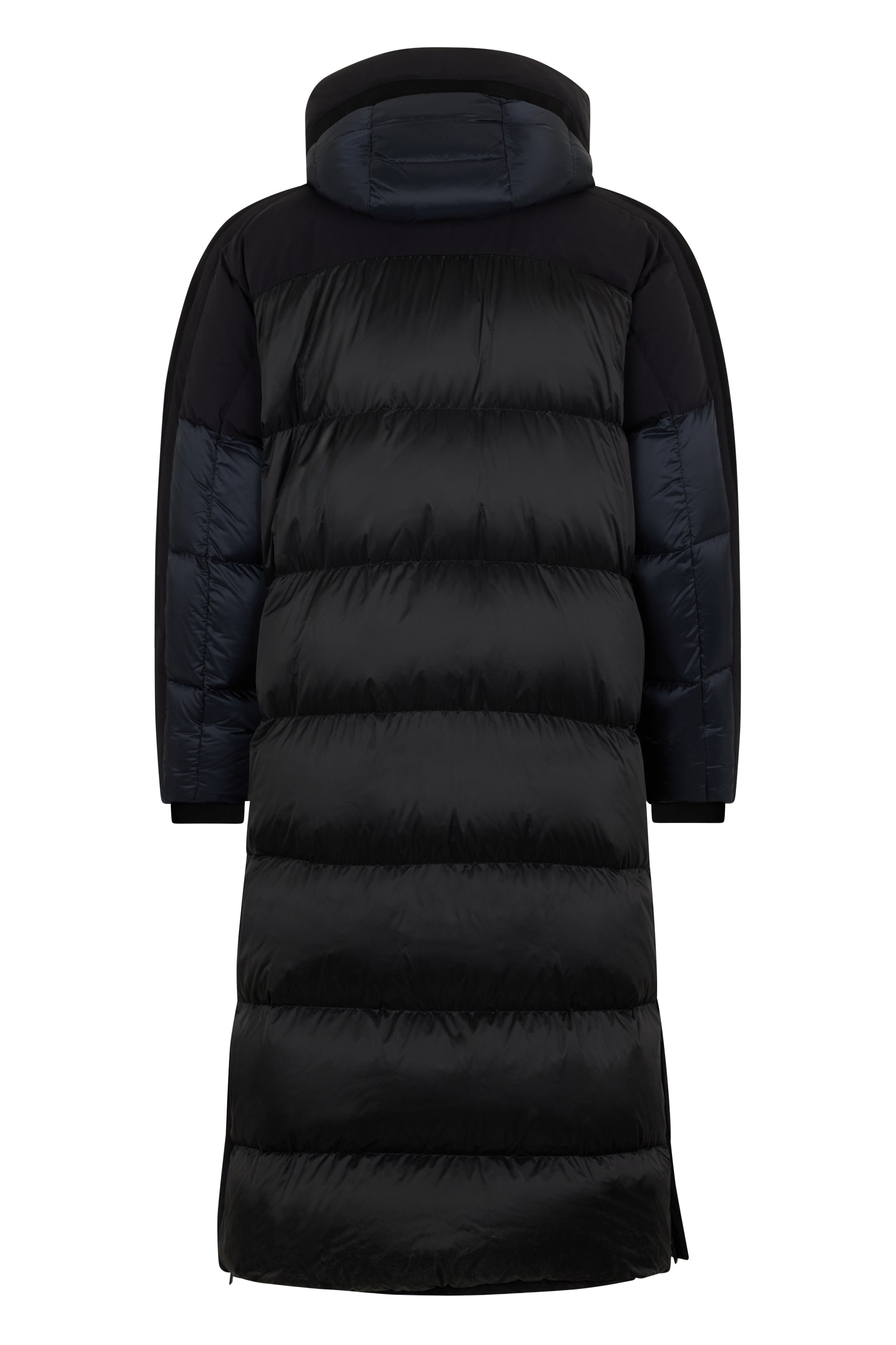 Long padded dark blue and black coat with modern design