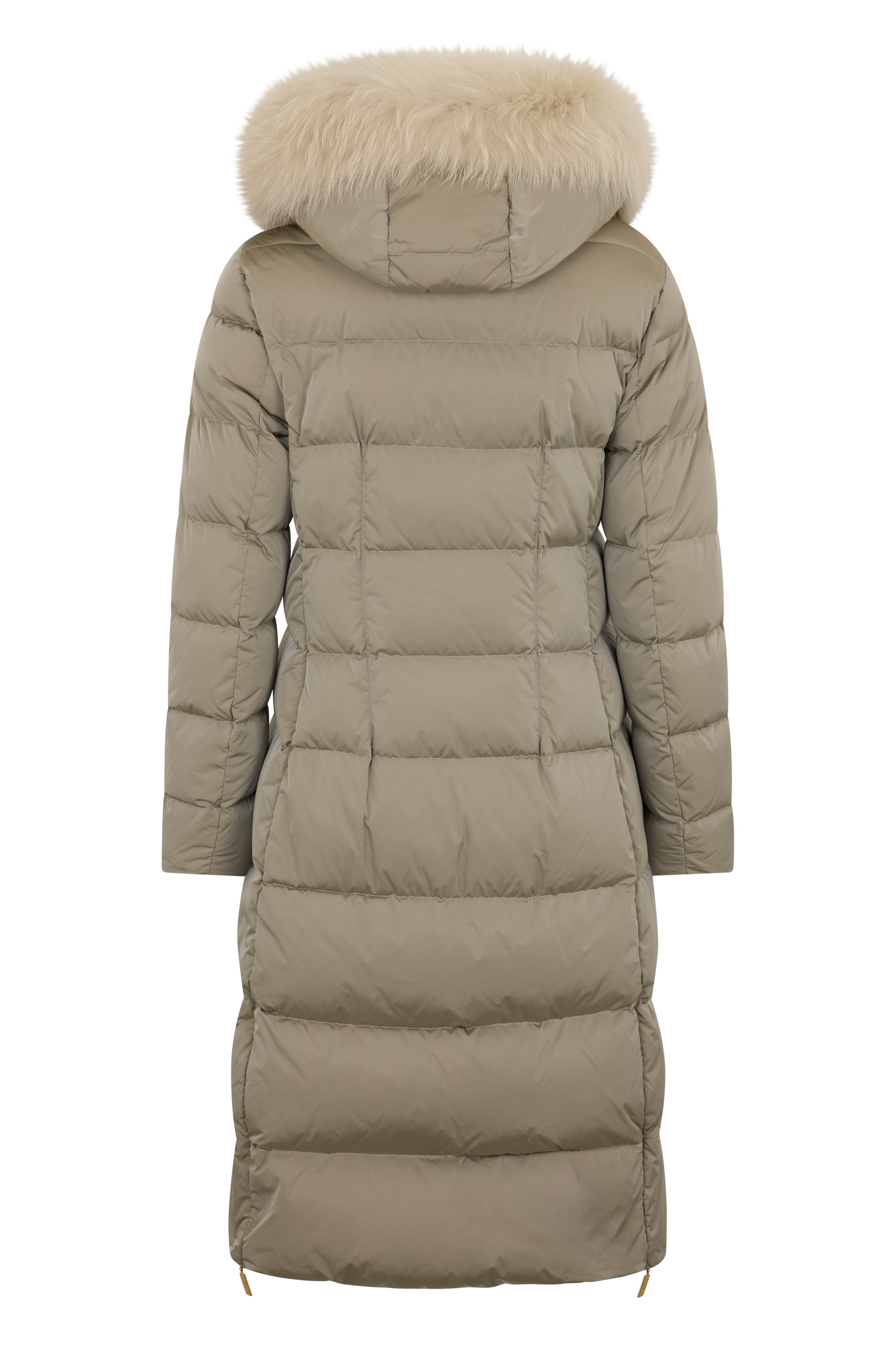 Long beige padded coat with elegant hood