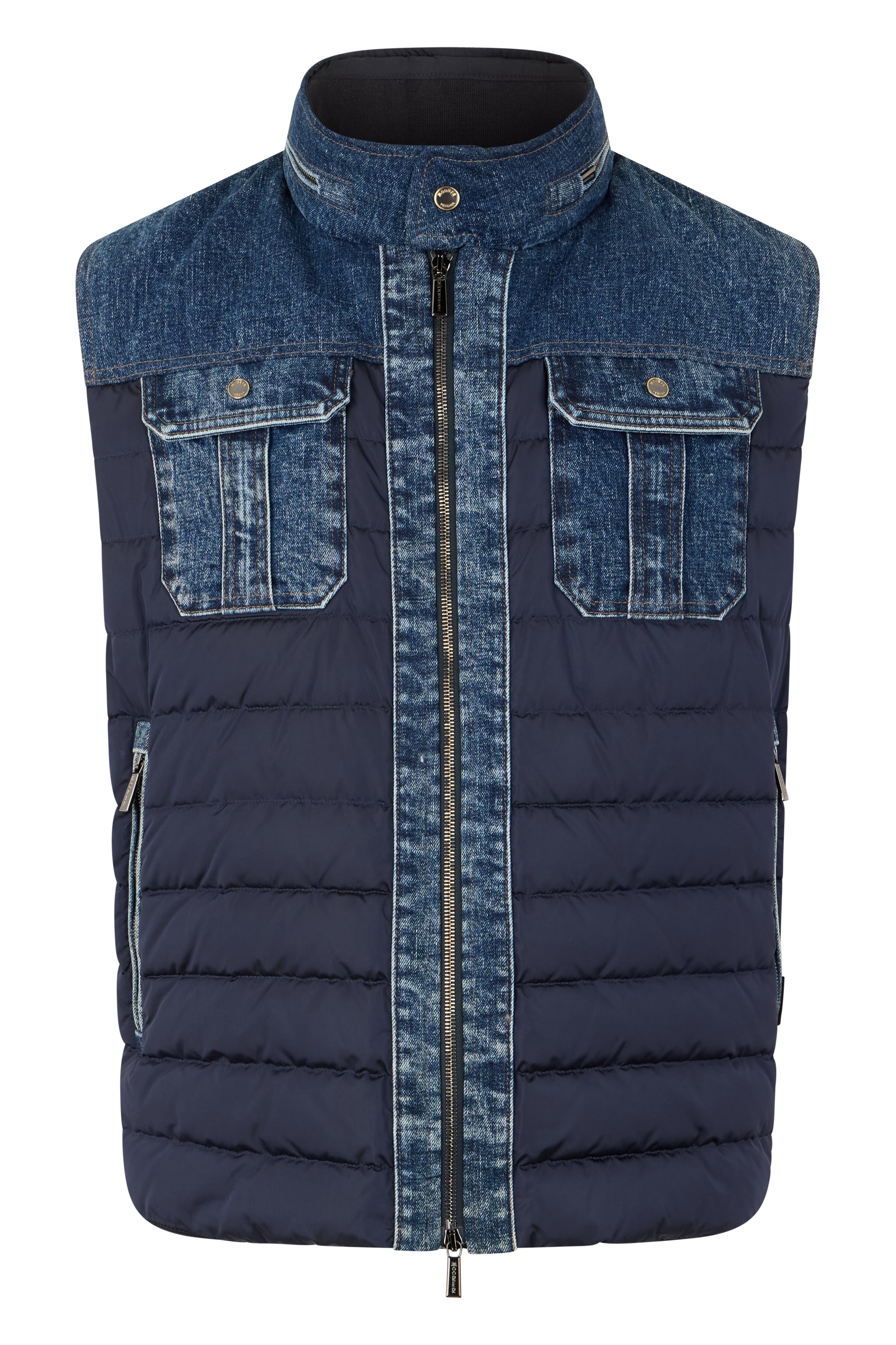 Blue vest with denim inserts and versatile design