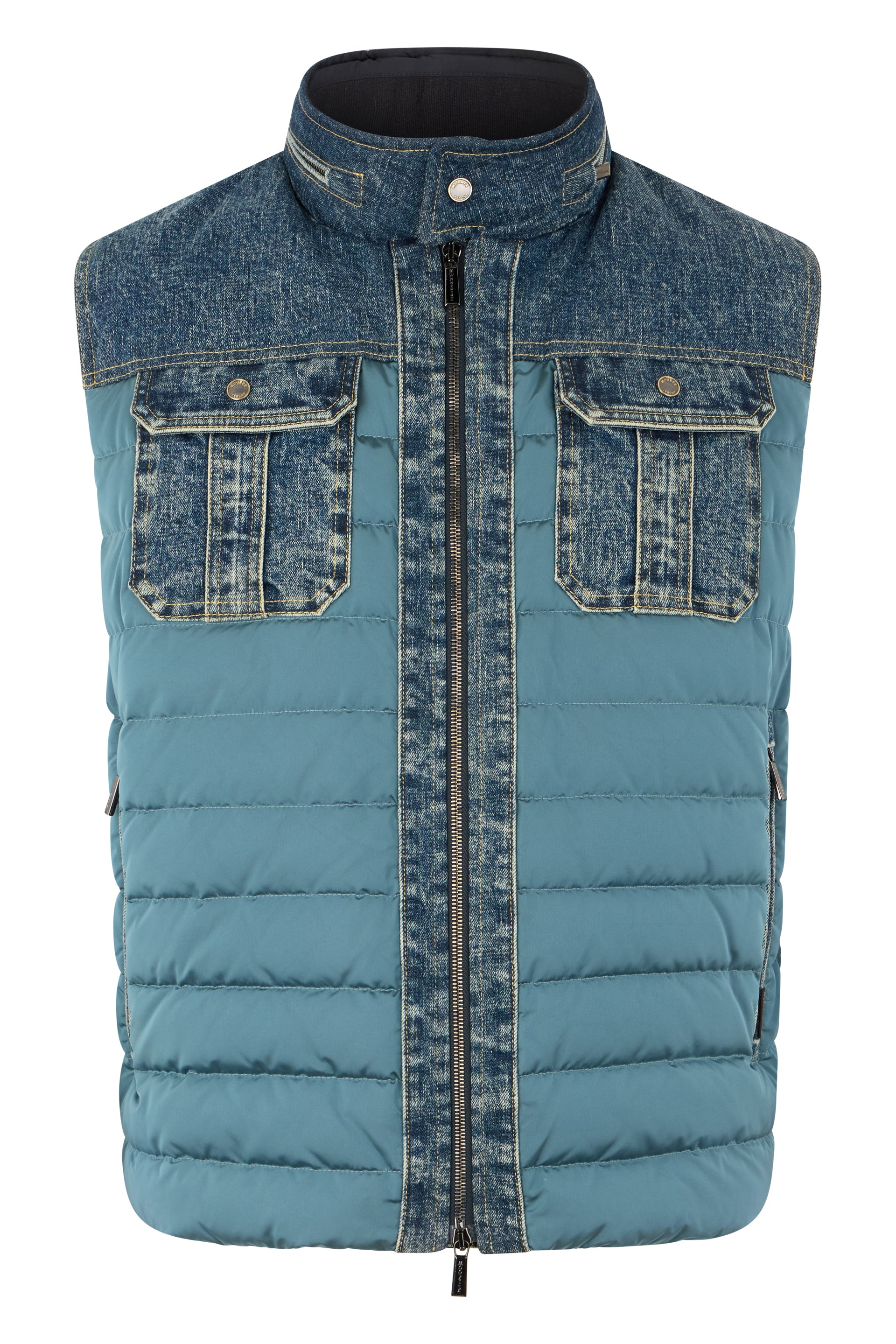 Turquoise sleeveless vest with denim inserts