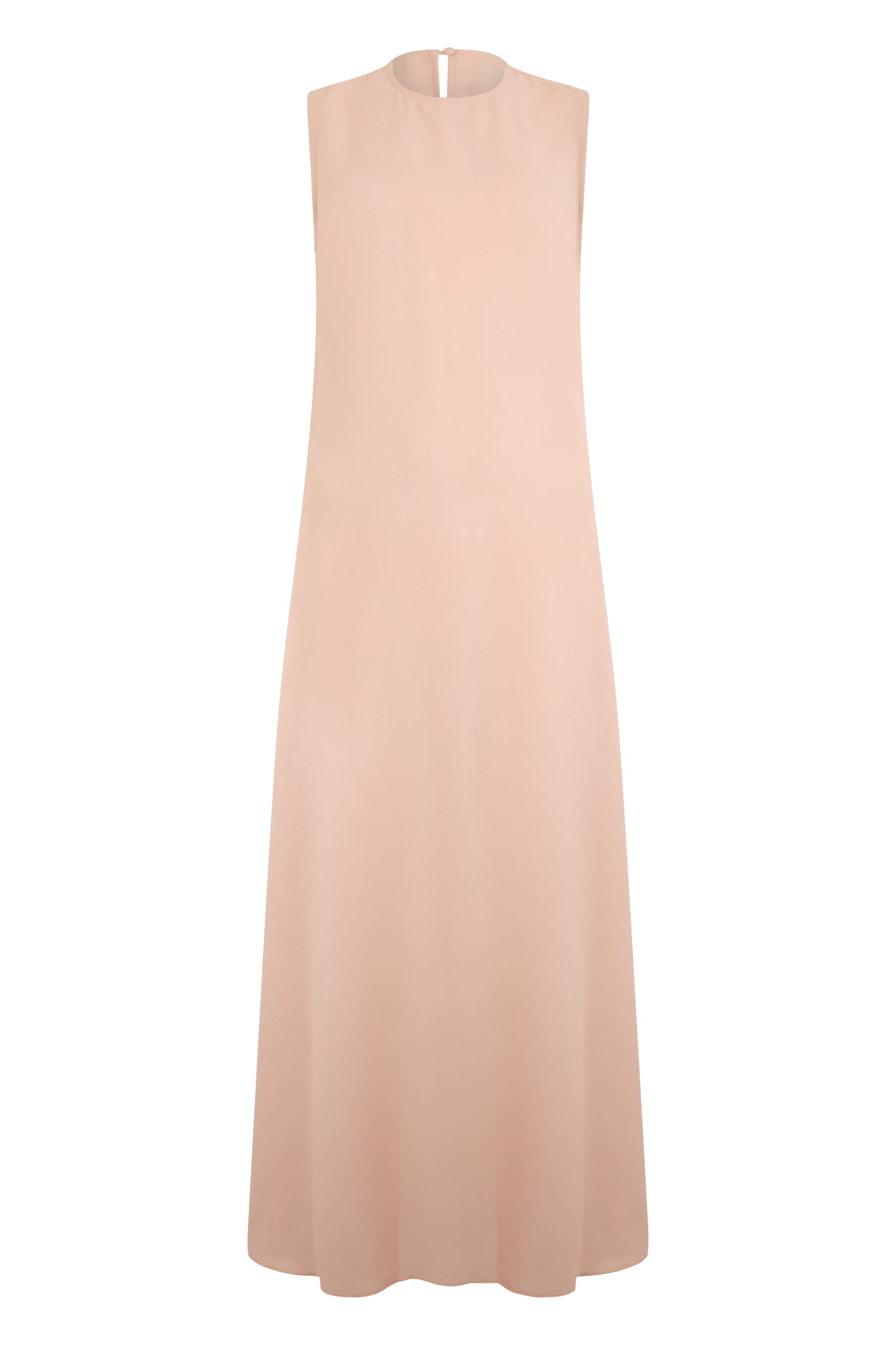 Elegant long beige dress without sleeves.