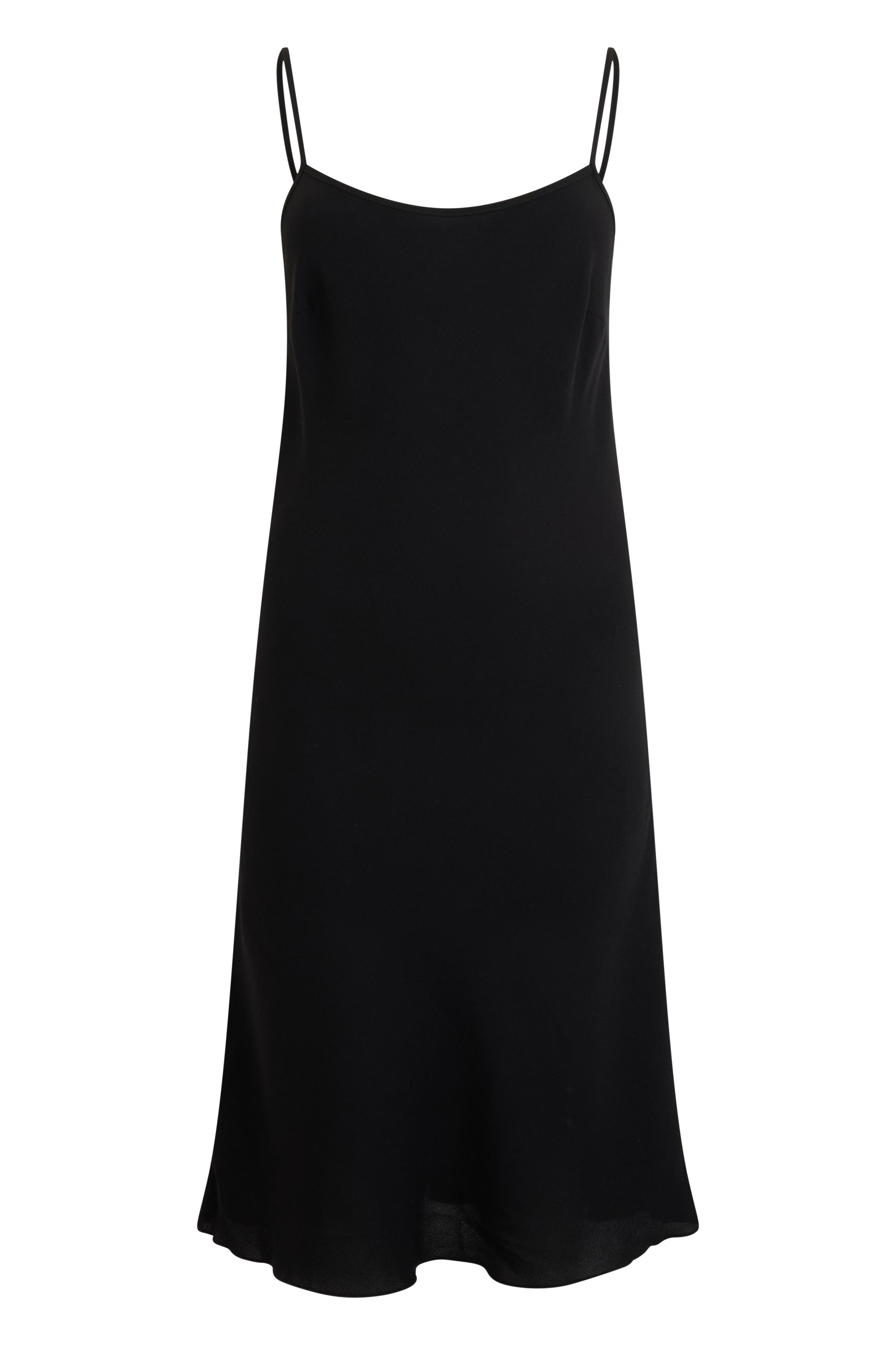 Black midi dress with thin straps.
