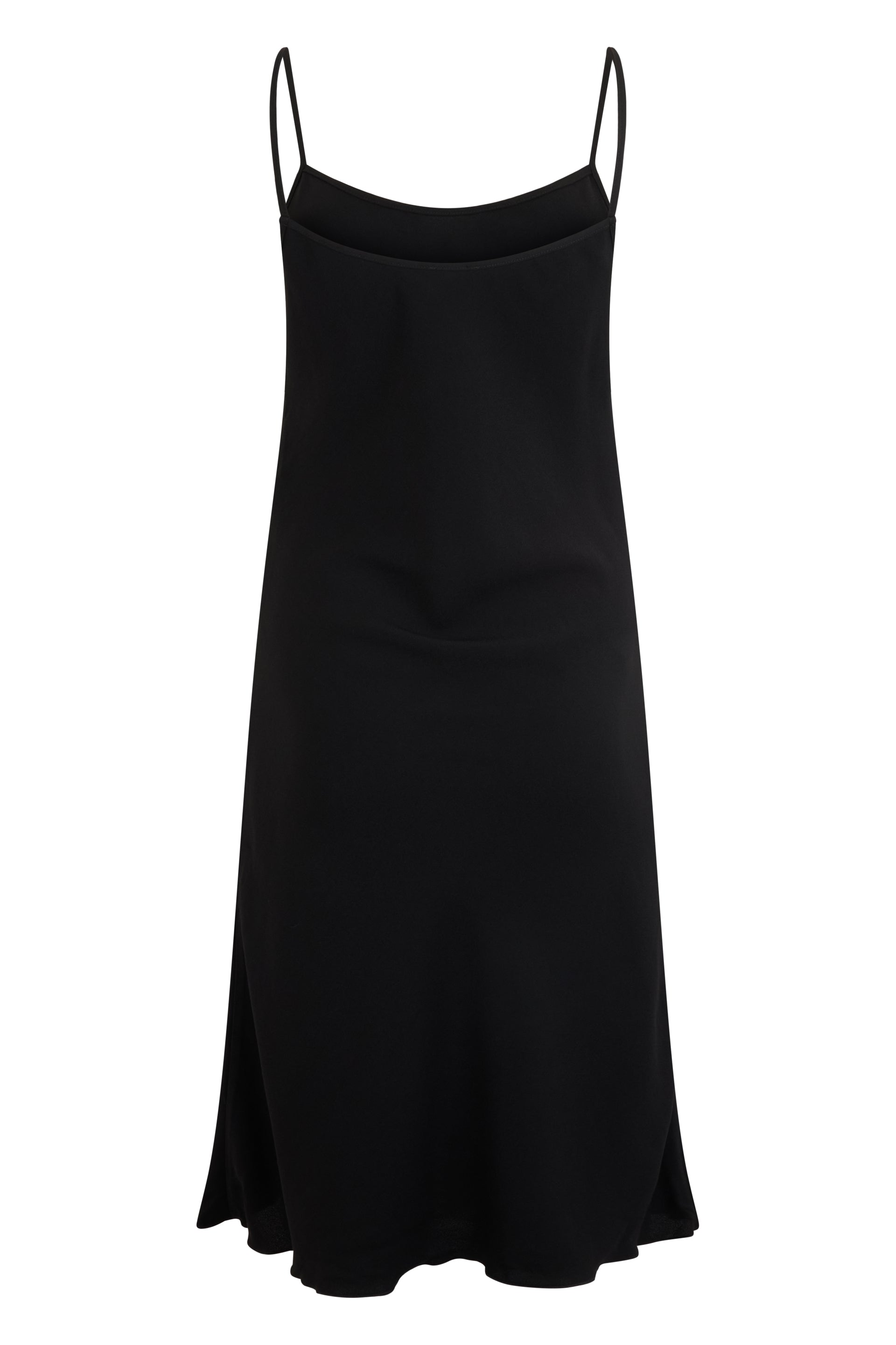Black midi dress with thin straps.